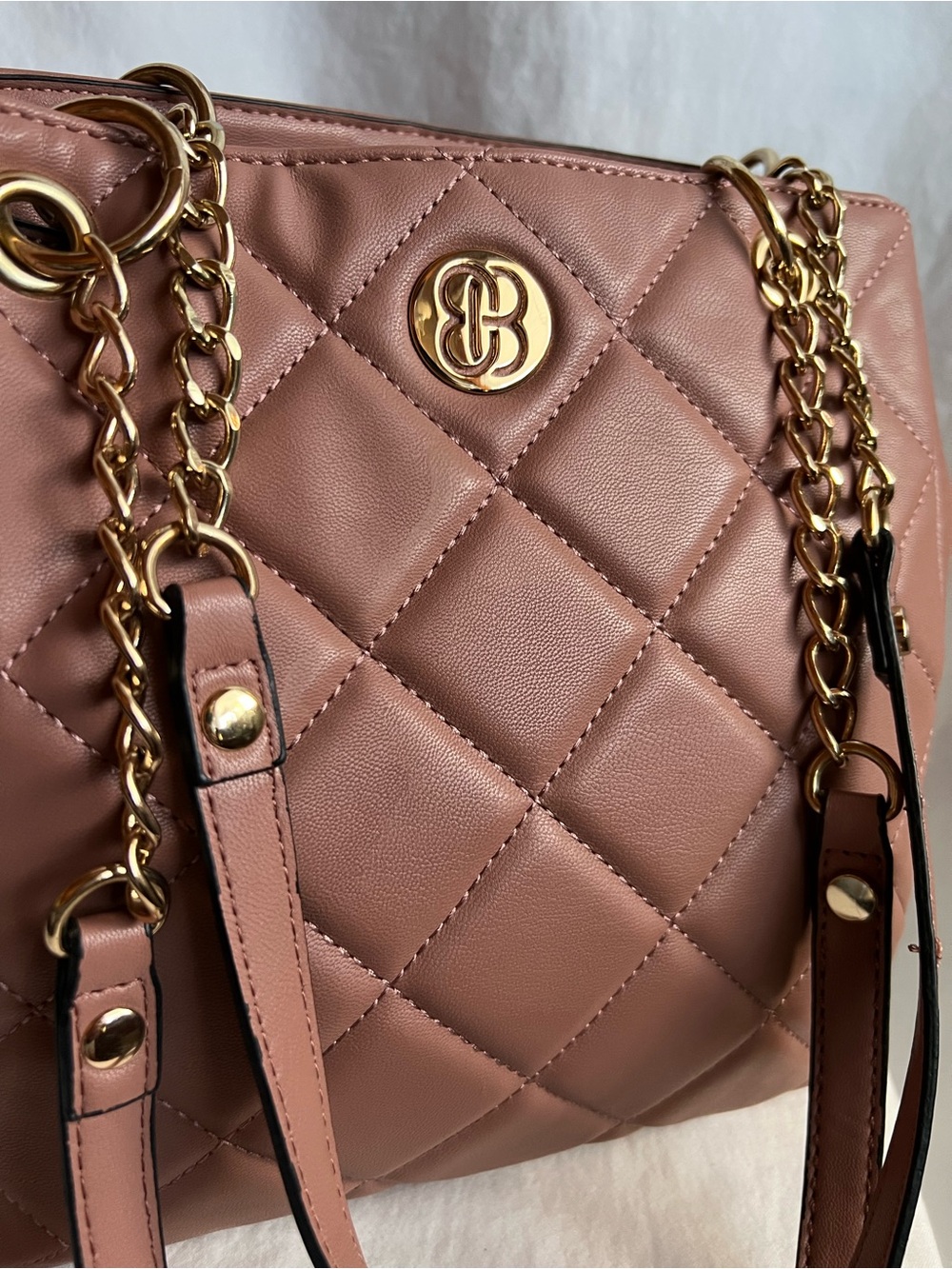 Blush Pink Quilted Shoulder Bag Gold Chain Tote Faux Leather Purse Handbag
